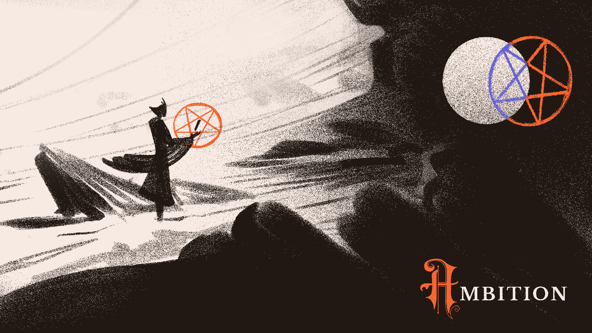  "Ambition"  An Ambitious stands contemplatively in a field of sand, rock, and smoke. A circle and pentgram overlay to form a glyph.