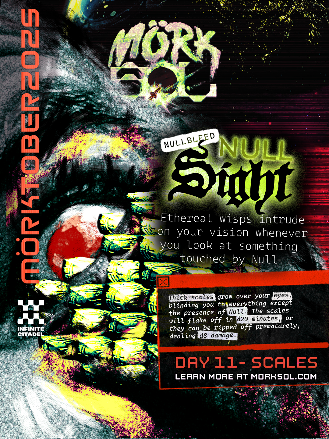 A blood-red eye that has seen those things none should is becoming scaled over in a moment of pain & horror.