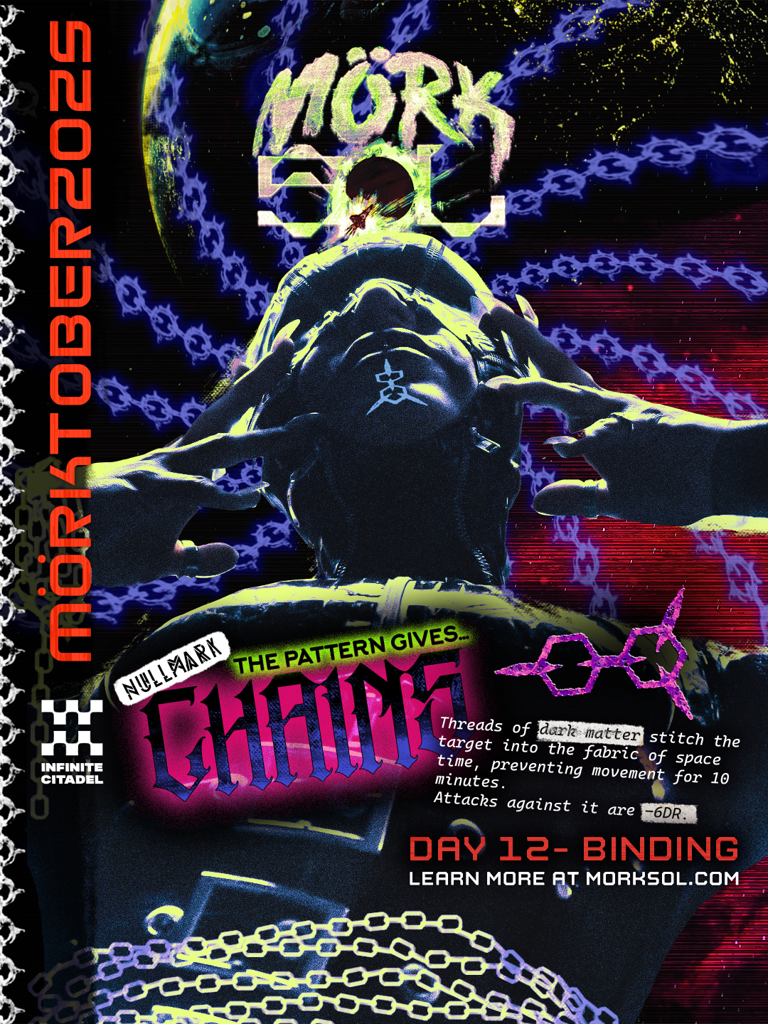 A skav with the chains nullmark on their chin focuses their energy, binding dark energy into shackles in the air.