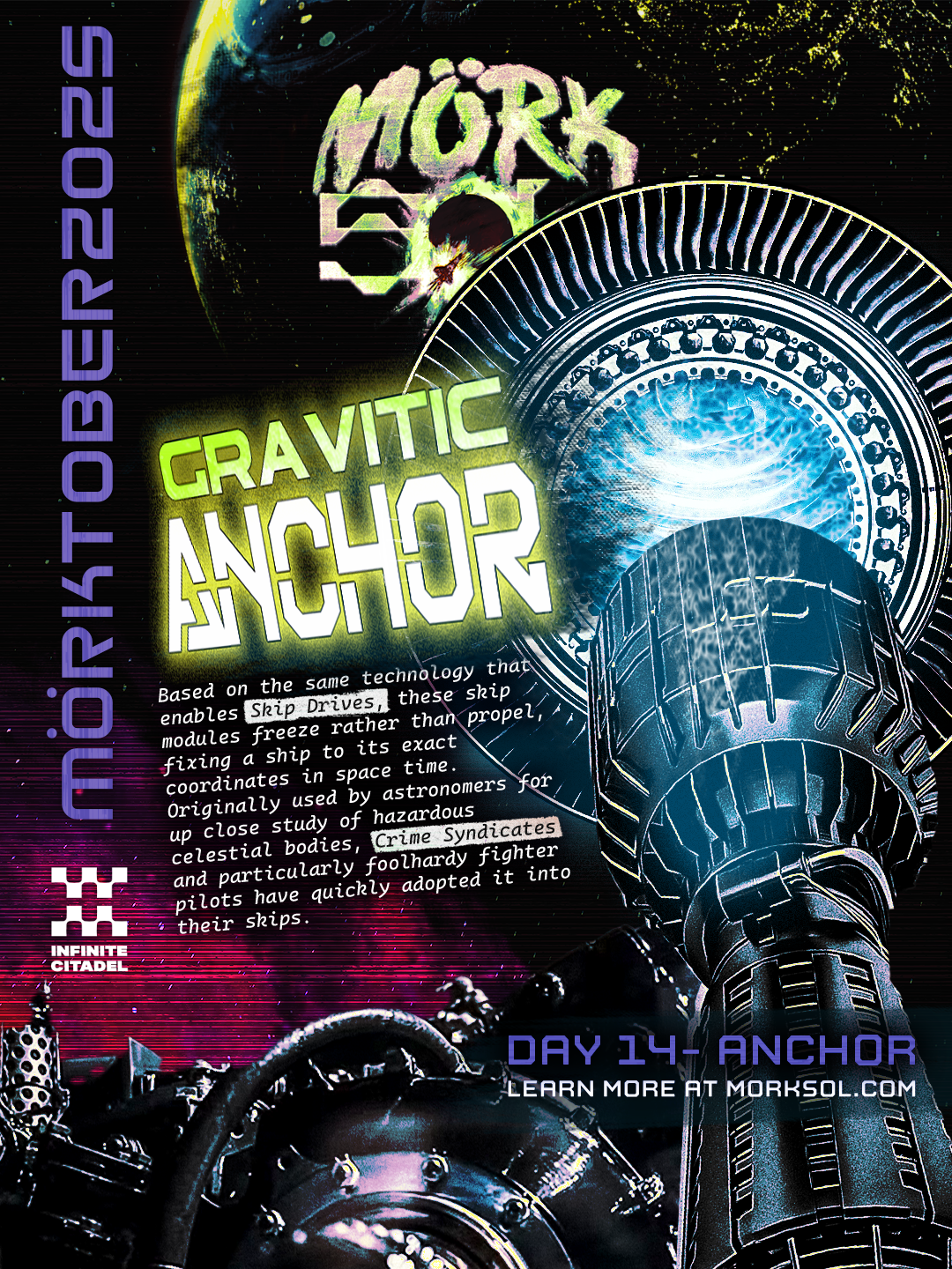 Glistening steel and pulsing gravity wells combine into a pillar of sci-fi tech.