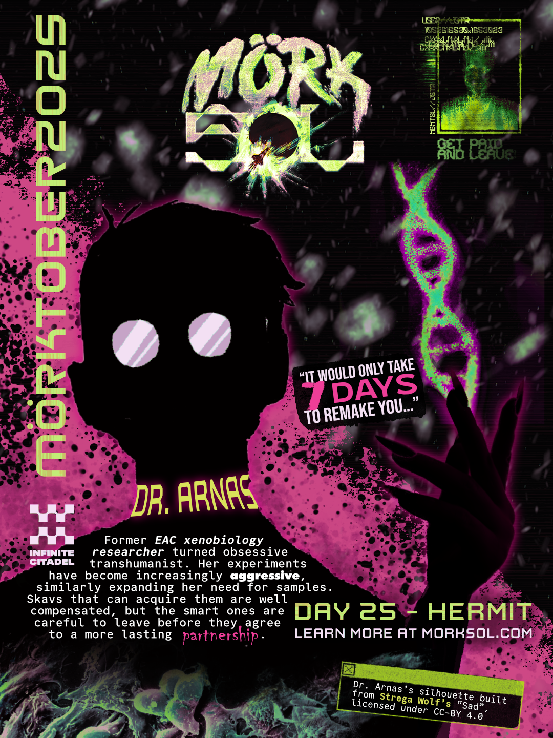 The silhouette of a scientist, glasses shining and lit by magenta, offers you a strand of modified DNA on the tips of her feminine fingers.