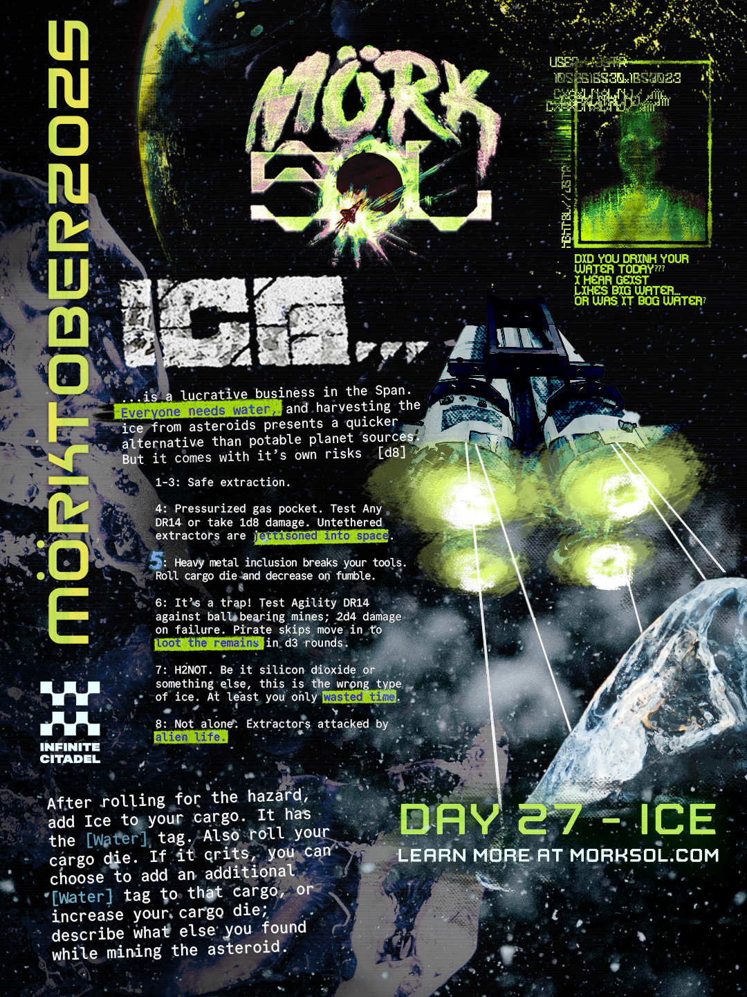 A massive cargo skip hauls a chunk of ice out of an asteroid field.