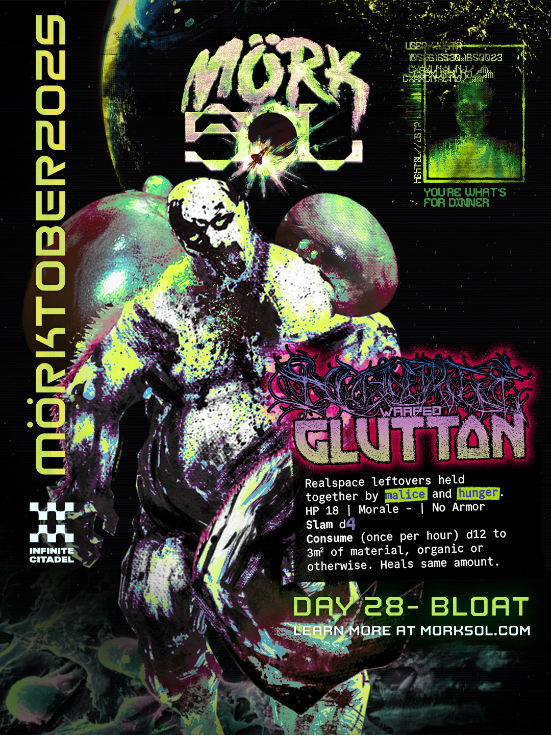 A disgusting, bloated body with sharp teeth in a vile maw shlorps towards the viewer, set on consuming all.