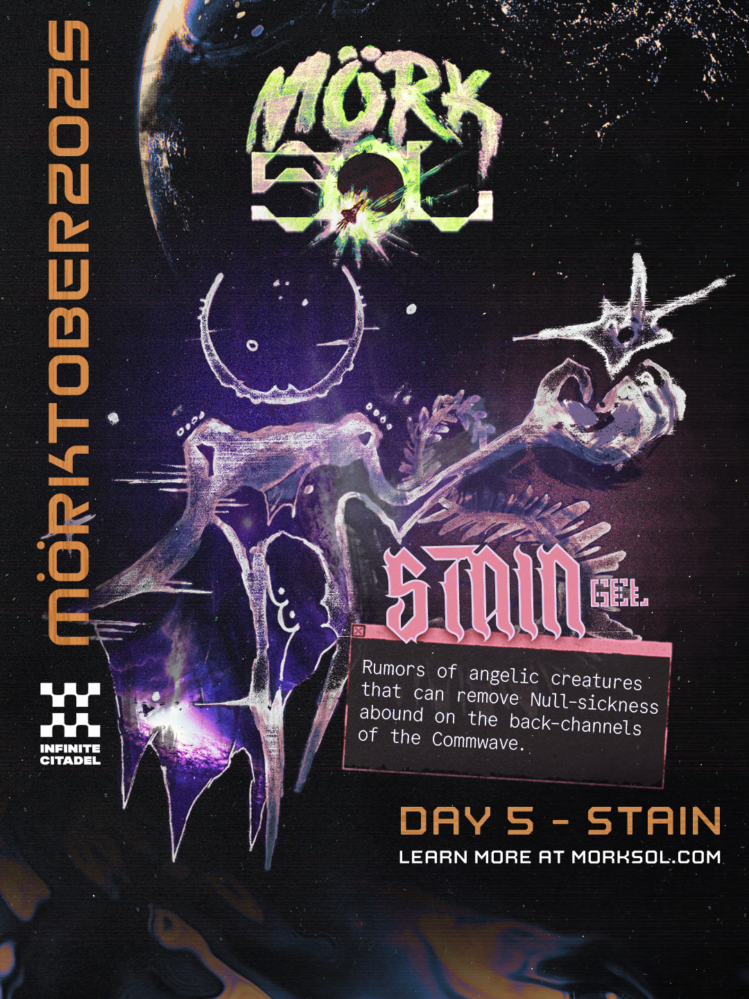 A strange life-form, its head a halo projected against the bleak infinite of space, hovers towards you