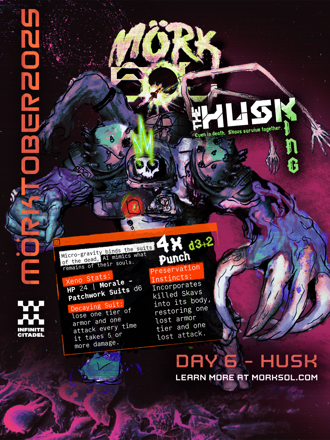 A hulking behemoth of pathwork spacesuits and artificially preserved flesh looms.