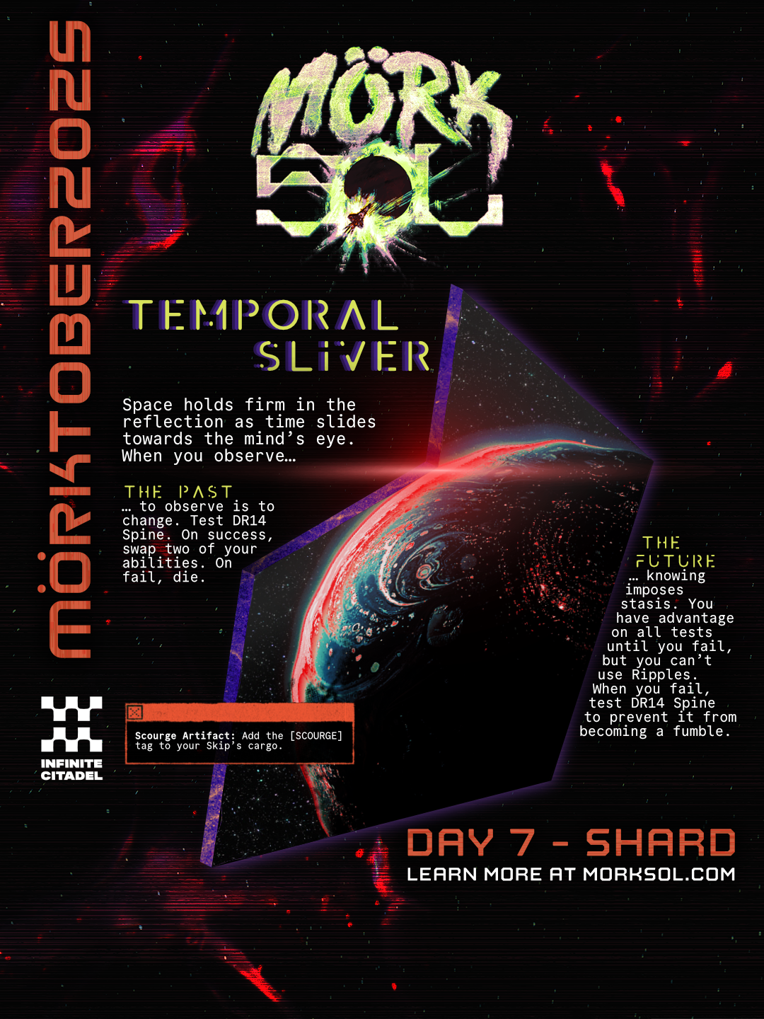 A shard of glass floats through a cosmos filled with dark energy. A projection of the future (or past?)