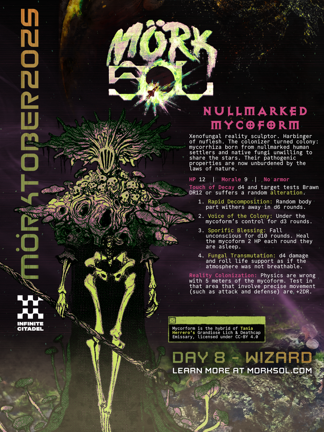 A walking corpse, its upper body blooming into a cowl of fungus and skulls, steps through a rotting landscape.