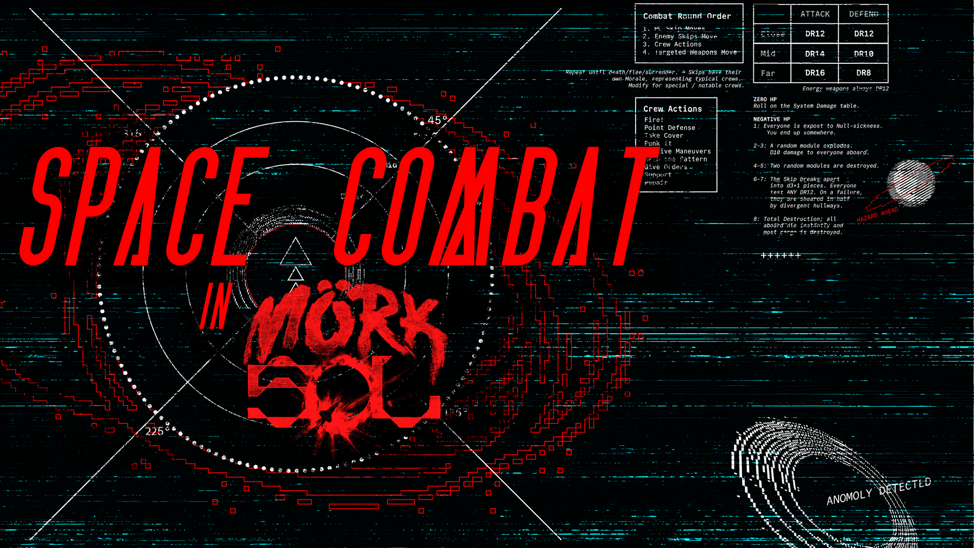 "Space Combat in Mörk Sol" using a sci-fi font and the Mörk Sol logo. The text is over a static-y spaceship radar display that is used during combat in the TTRPG.
