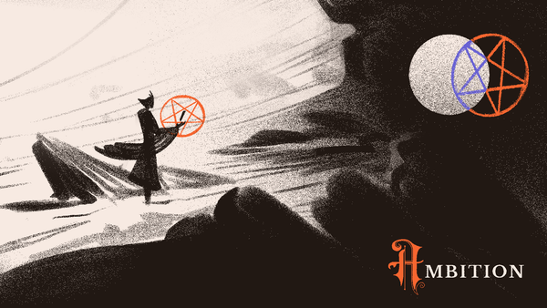  "Ambition"  An Ambitious stands contemplatively in a field of sand, rock, and smoke. A circle and pentgram overlay to form a glyph.