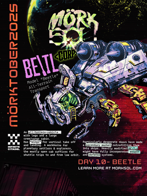 A large sci-fi vehicle stands in profile with six legs, an armored carapace, and actuator horns that make it look similar to a beetle.