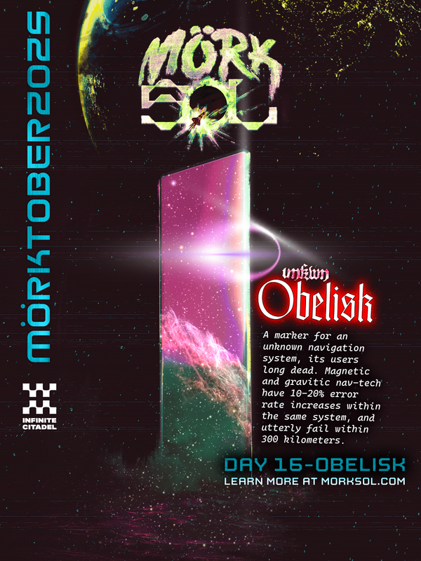 The mirrored face of a strange marker shines in the light of a distant sun. Alien landscapes reflect in its surface.