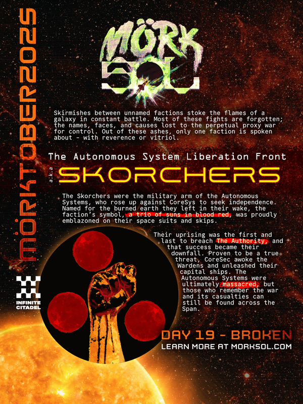 An emblem stands prominent over a firey skyscape: a fist soaked in its own blood, clenched and raise; golden sunlight and burnt shadows form the fist, around which orbit three blood red suns.