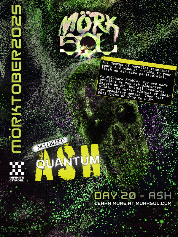 A skull vanishes into streams of particulate matter; motes of possibility adrift across the myriad timelines.