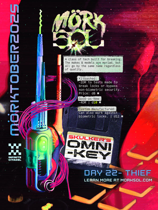 A clandestine individual lurks in the background, their cloak a field of stars. A high tech lockpick tool is in the foreground surrounded by text.