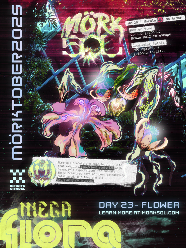 A monstrous creature of vines and lumiscent flower buds crawls over the ruin of a destroyed, overgrown structure.