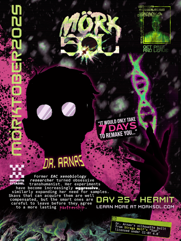 The silhouette of a scientist, glasses shining and lit by magenta, offers you a strand of modified DNA on the tips of her feminine fingers.