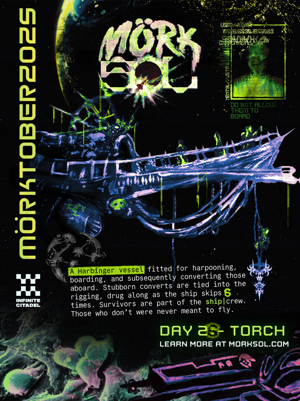 The Torch of the Warped Way, a twisted and horrifying spaceship floats through space towards a target vessel.