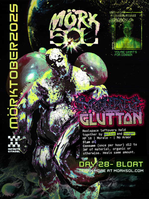 A disgusting, bloated body with sharp teeth in a vile maw shlorps towards the viewer, set on consuming all.