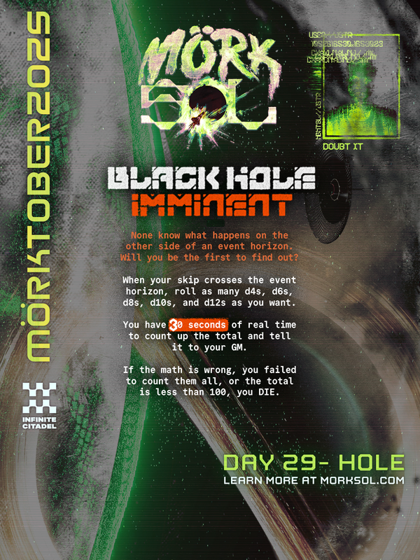 A large spaceship drifts ever closer towards the accretion disk of a black hole.