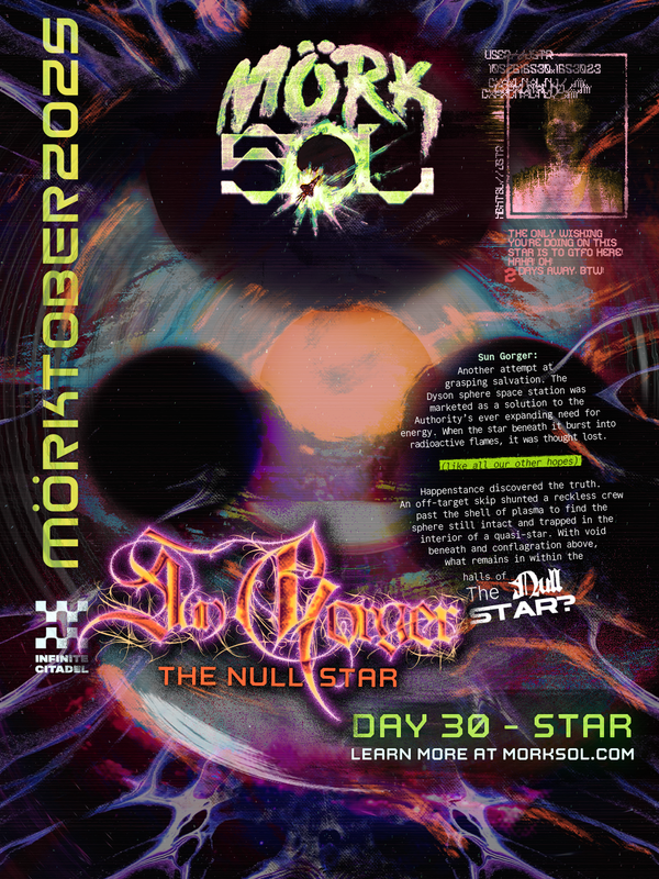 Plasma whirls around masses of void, each orbiting the other and sending strands of Hawking radiation out into space.