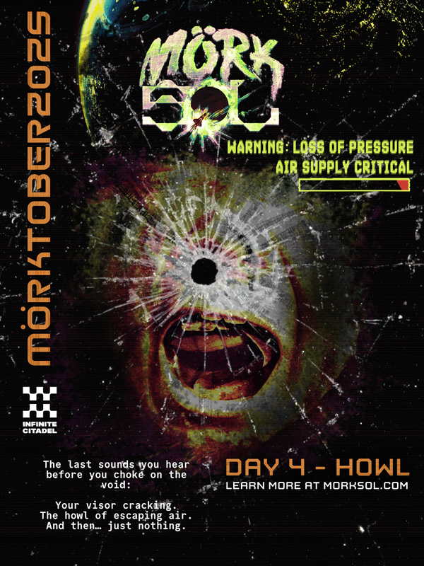 The reflection of a person screaming against the shattered remains of their space helmet.