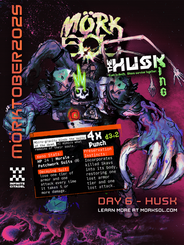 A hulking behemoth of pathwork spacesuits and artificially preserved flesh looms.