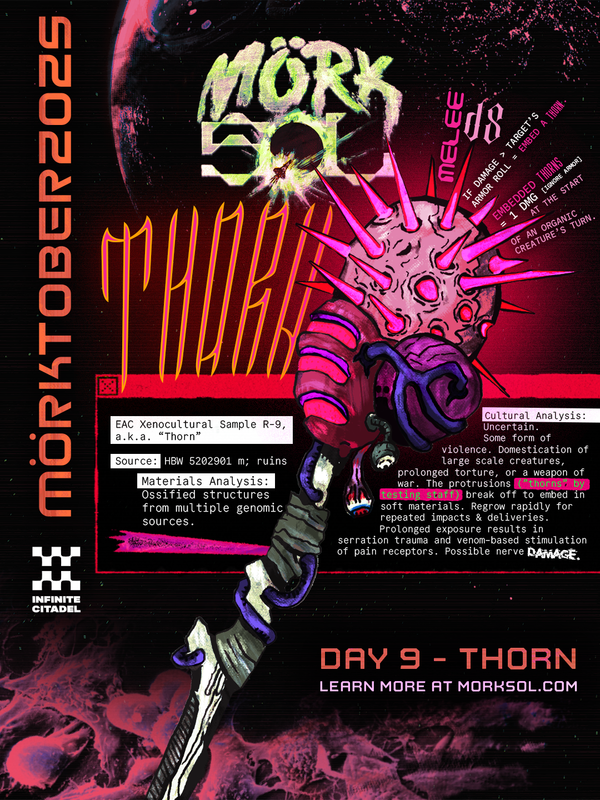 A bone-like staff with several organic protrusions glows against a vibrant sci-fi background. Glowing spikes grow violently from the head of the staff.