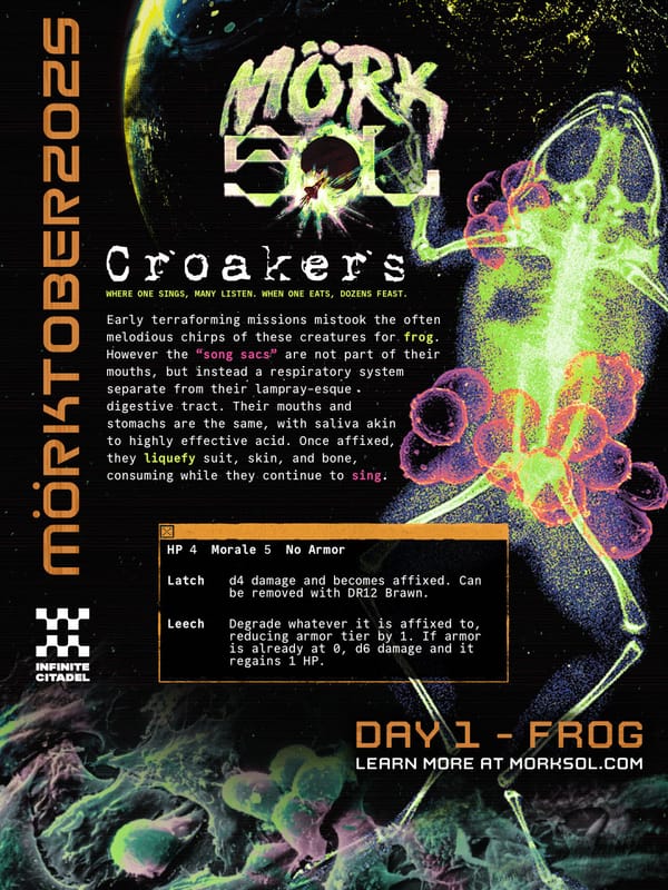 An x-ray of a frog with several glowing growths hovers over a sci-fi background of nebula formations and a populated planet.